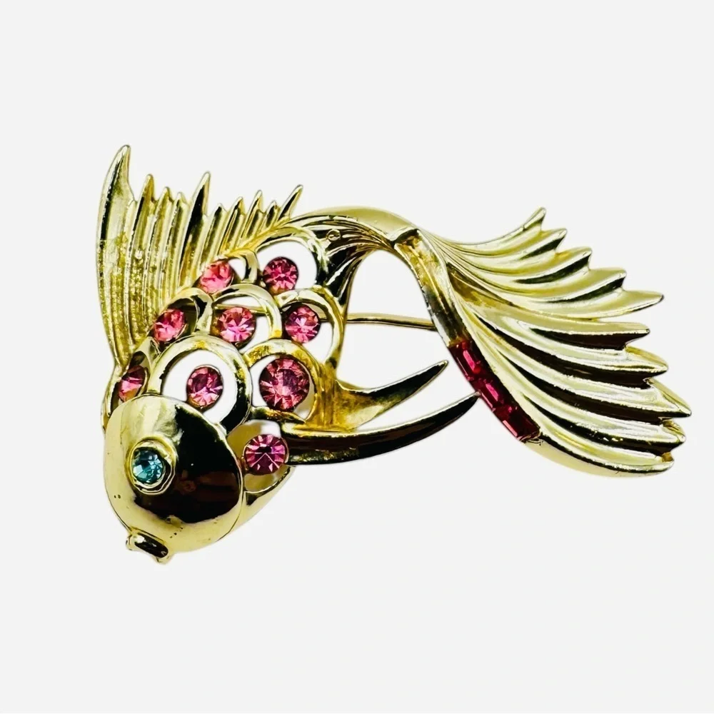Vintage Gold Plated Sterling Silver Fish Brooch Pink Rhinestones with Stamp.